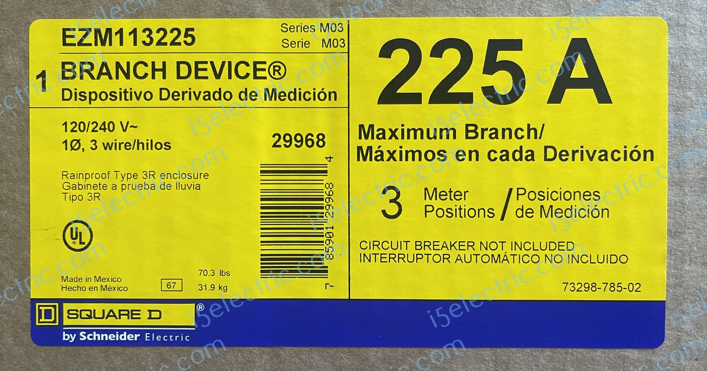 Square D SCHNEIDER EZM113225 1 PH in 1 PH out 800A Bus 3-Gang 225A Meter Stack