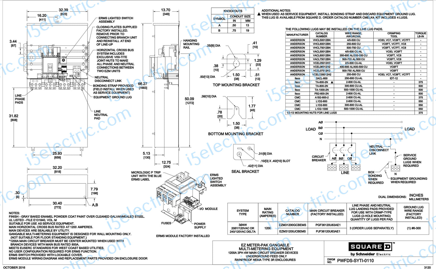 Square D EZM31200GCBEMS 1200A 3 Phase Main Braker EUSERC Draw