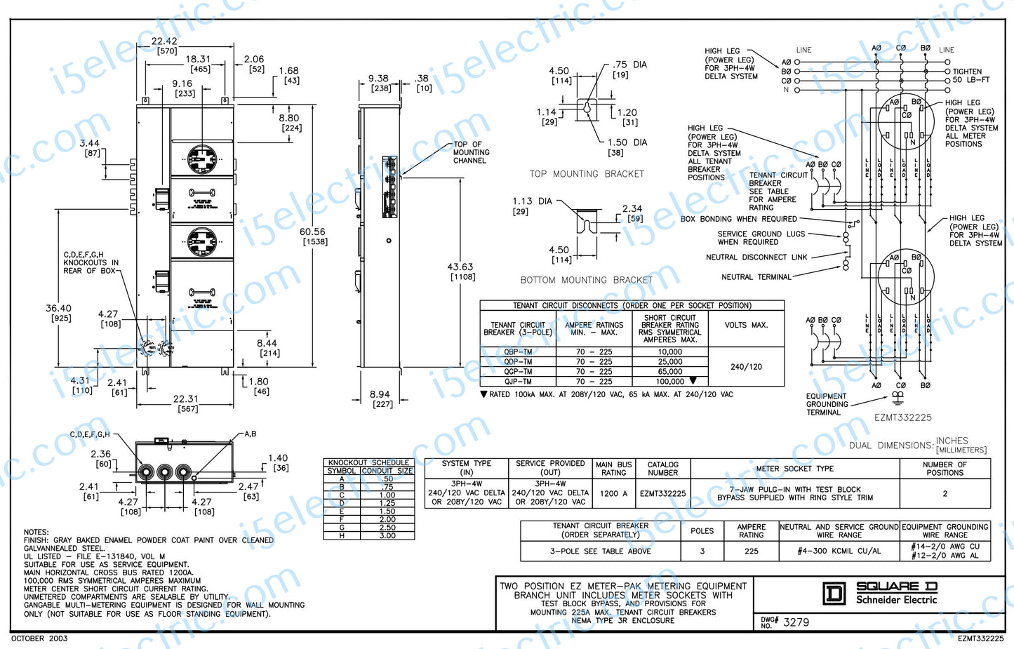 SQUARE D EZMT332225 3 PH 1200A bus 2-Gang 7J 225A EZM Meter Stack w/ Test Block Bypass
