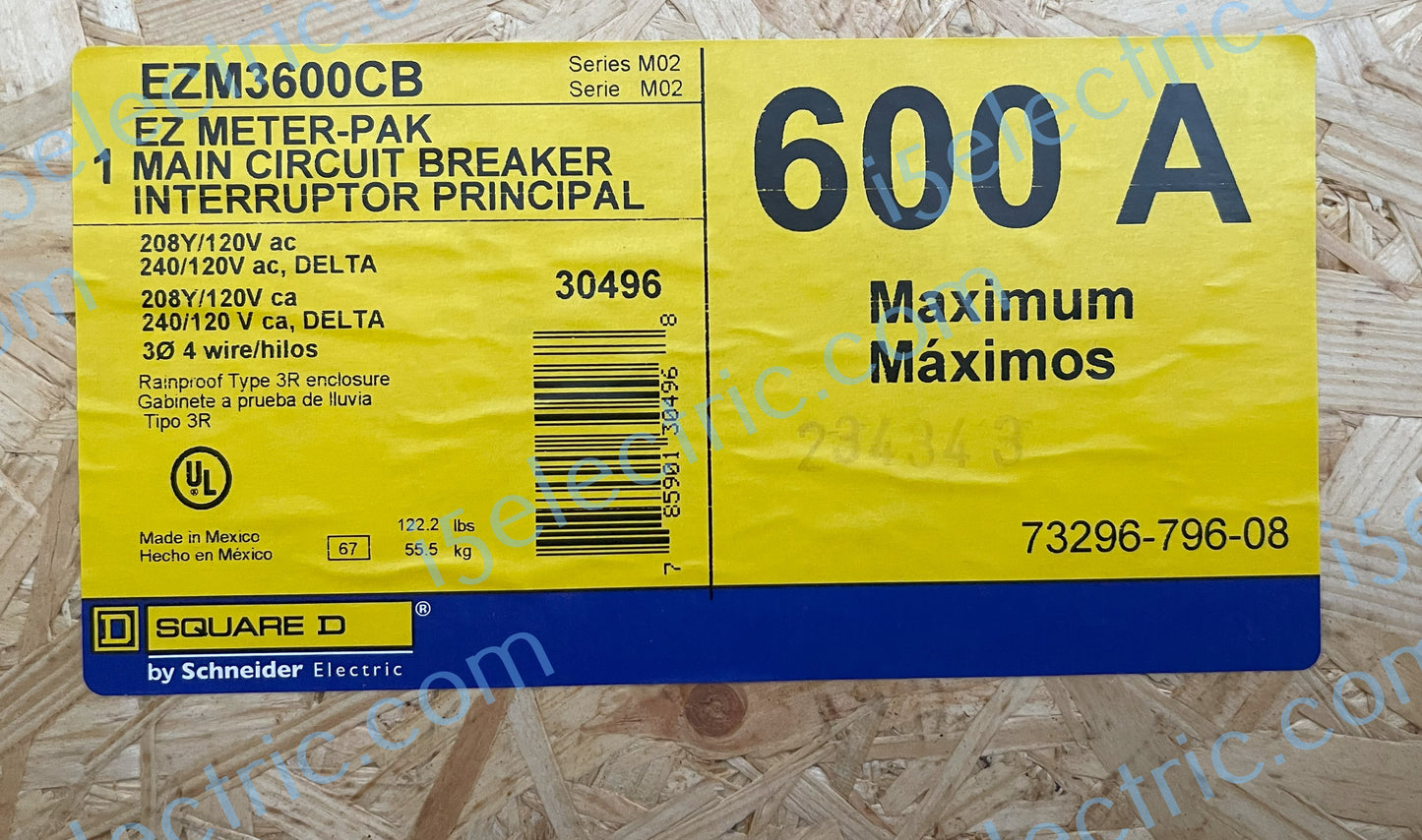 SQUARE D SCHNEIDER EZM3600CB 600 AMP 3 PHASE EZM METER MAIN CIRCUIT BREAKER