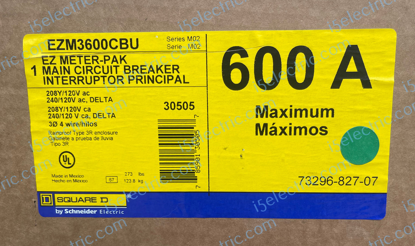 SQUARE D SCHNEIDER EZM3600CBU 600 AMP 3 PHASE 4 WIRE EZM METER MAIN CIRCUIT BREAKER EUSERC