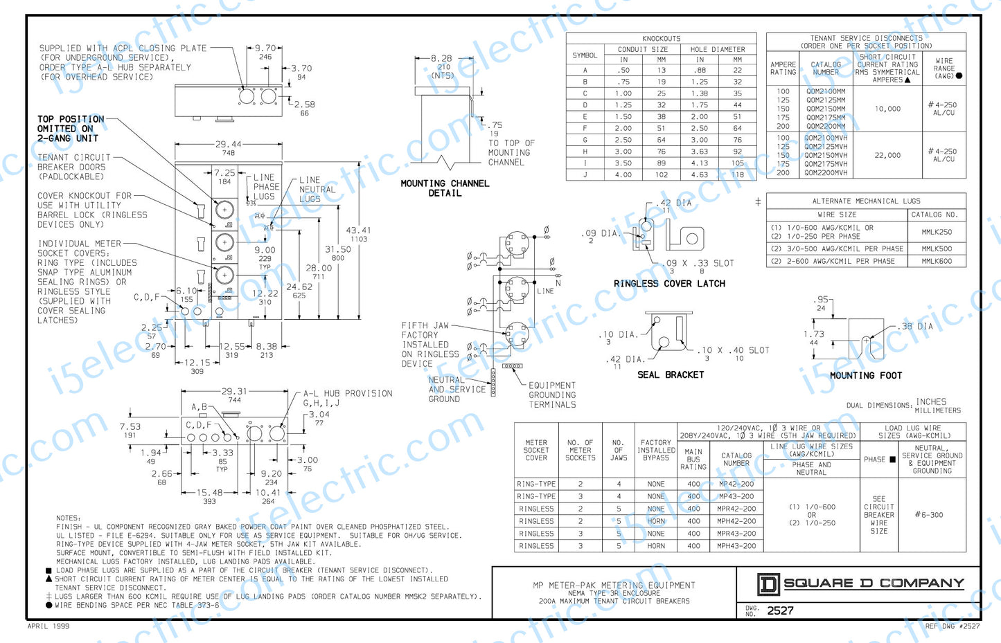 Square D MP42200 400 Amp w/2 Gang / Position 200A Meter Socket EUSERC OH/UG as WEP4212