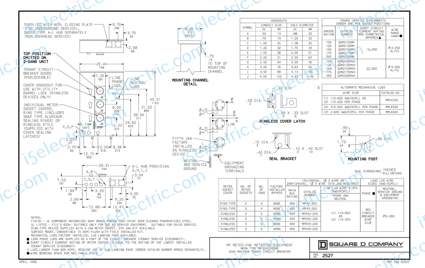 Square D MP43200 400 Amp w/3 Gang / Position 200A Meter Socket EUSERC OH/UG as WEP4312