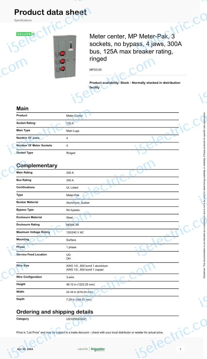 Meter-Pak MP33125 3 gang 125A each 300A bus; Specs1