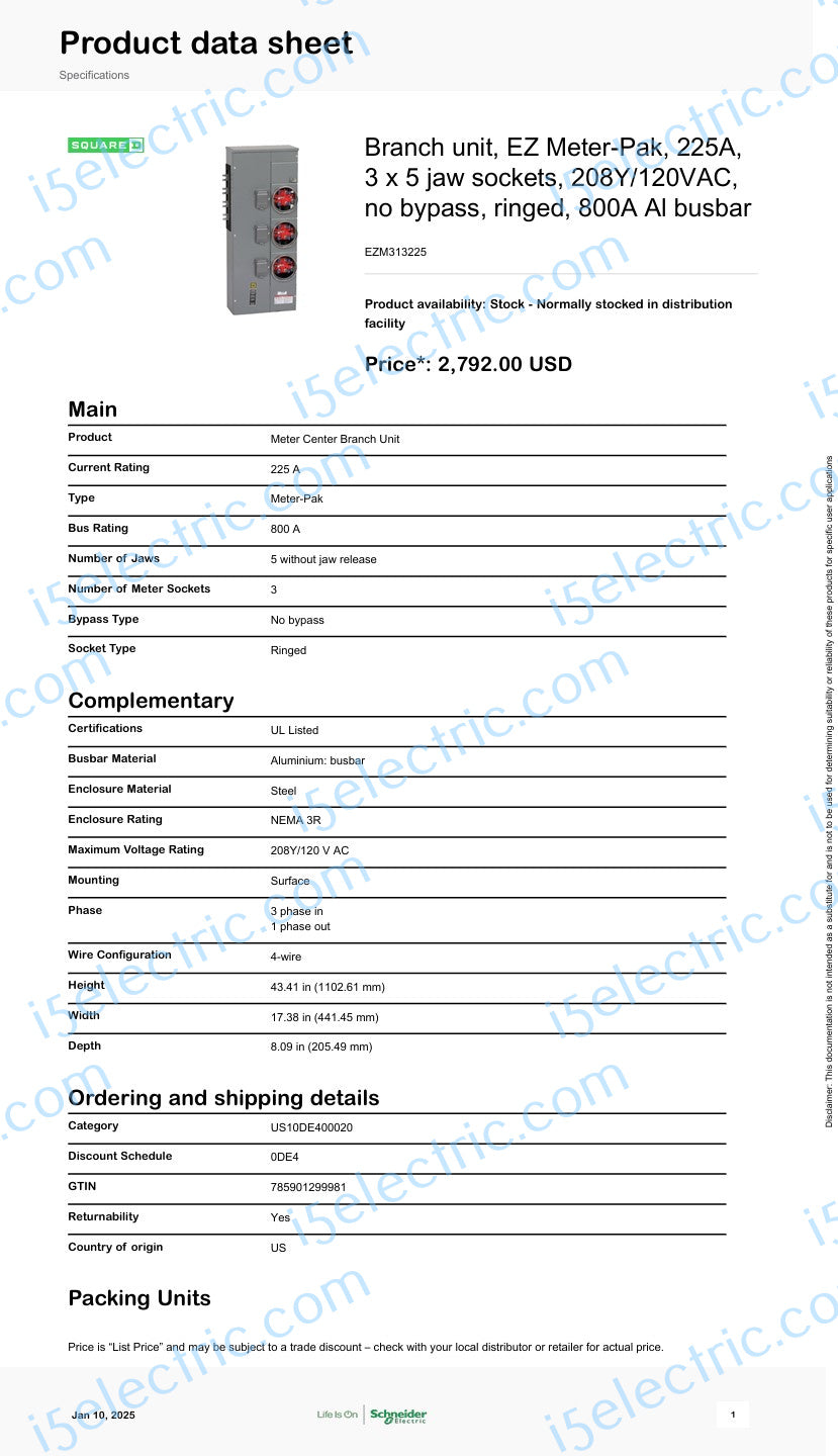 Square D EZM313225 3 Gang 225A Meter Stack Specs1