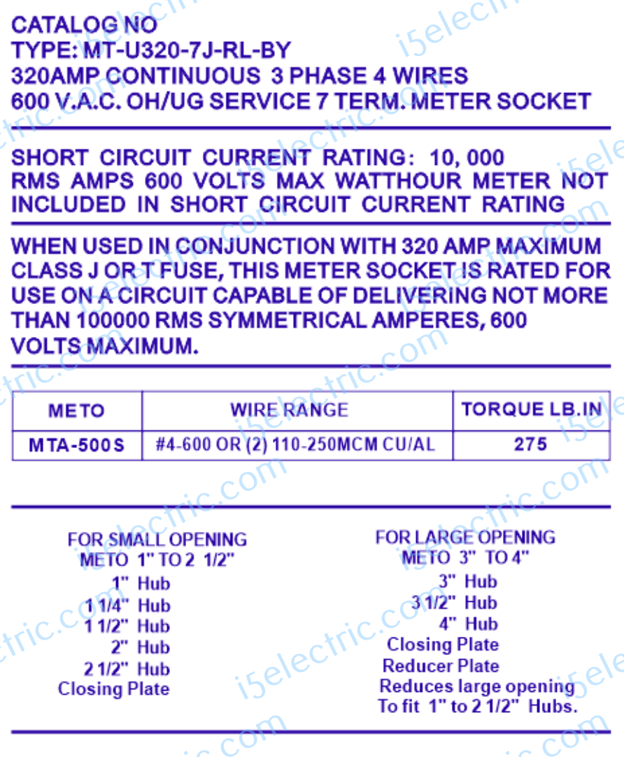 400 / 320A 3 Phase 7 Jaw Ringless Meter Socket; Label