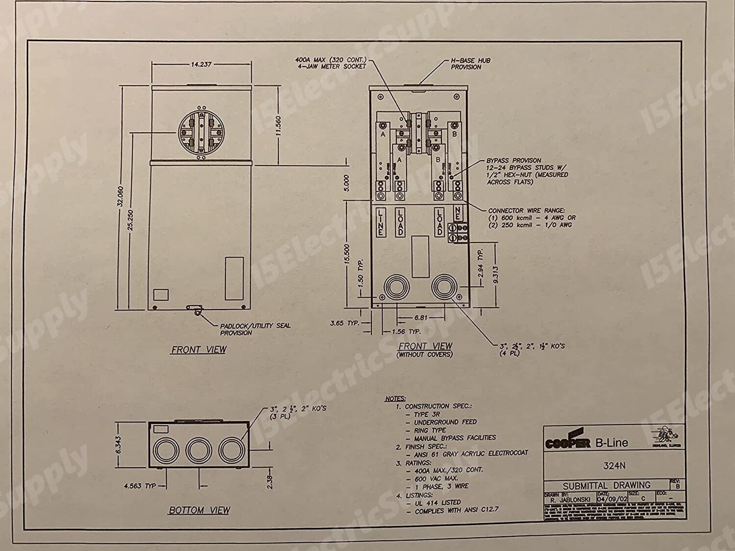 Eaton 400 / 320 Amp 324N Meter Base / Socket Bundled With 2 200A Main Breakers / Discounnects