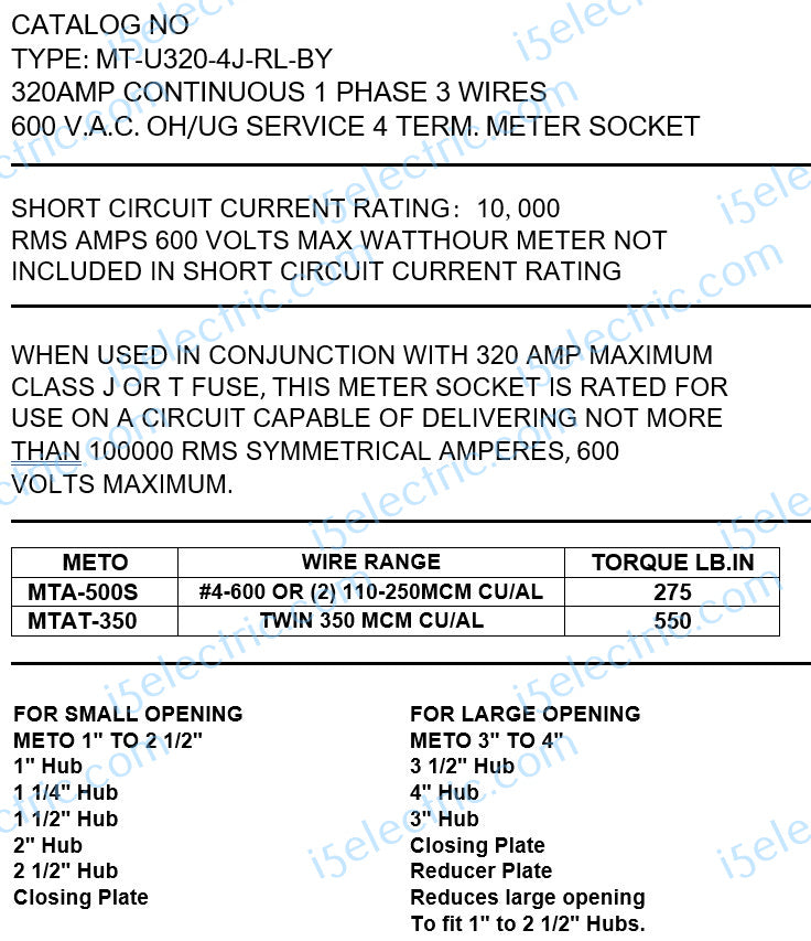 400 / 320 Amp Ringless Meter Base / Meter Socket with Lever Bypass Sin ...