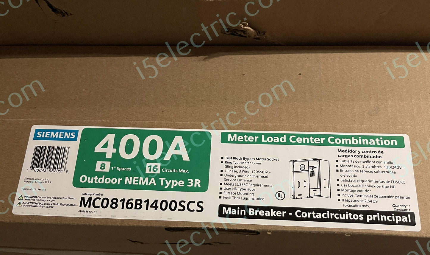 Siemens 400 / 320 Amp Meter Socket Main Combo MC0816B1400SCS w/2 200A breakers