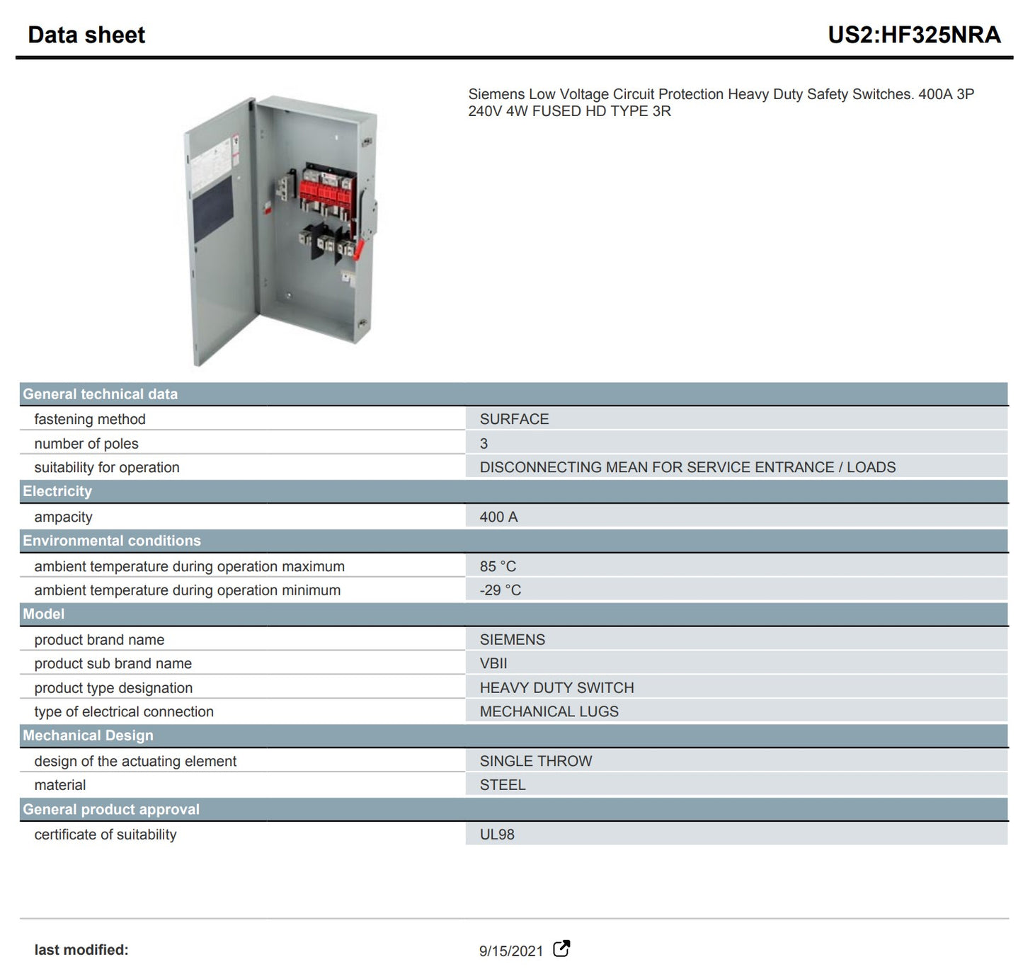 Siemens HF325NRA 400 Amp 3-Pole Fusible Heavy-duty Safety Switch Disconnect