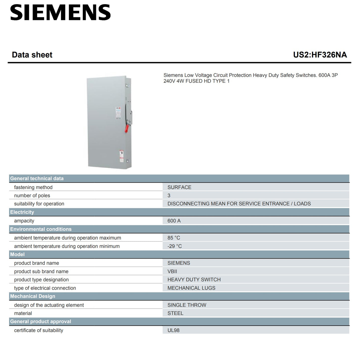 Siemens HF326NA 600 Amp 3-Pole Fusible Heavy-duty Safety Switch Disconnect