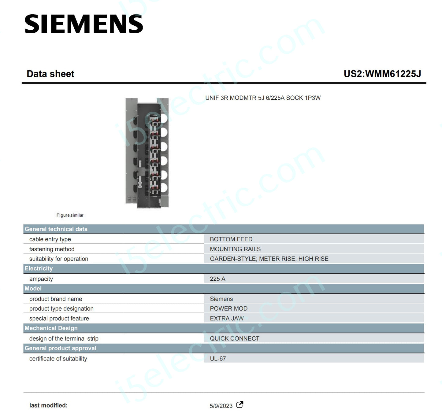 Siemens Power Mod WMM61225J 6-Gang 225A Single Phase Ring Meter Pak Stack Socket