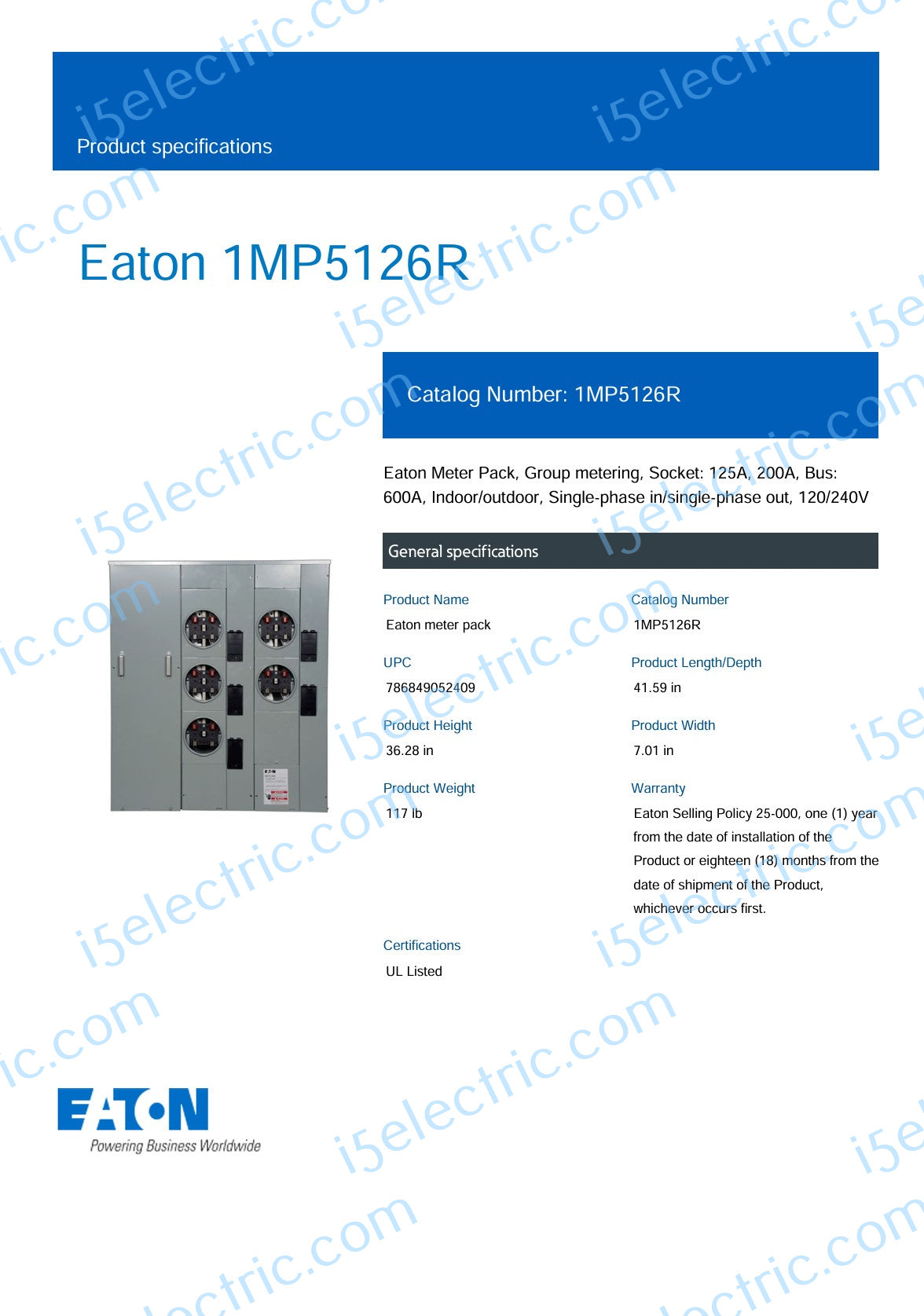 EATON 1MP5126R 5-Gang Meter Pack 125A Each 600A Bus; Spec1