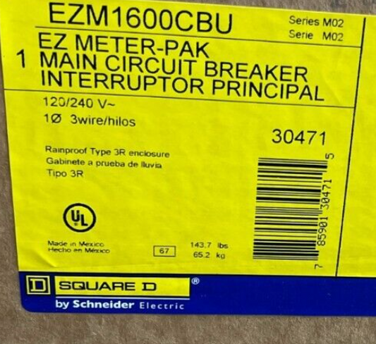 SQUARE D SCHNEIDER EZM1600CBU 600 AMP SINGLE PHASE EZM METER MAIN CIRCUIT BREAKER EUSERC