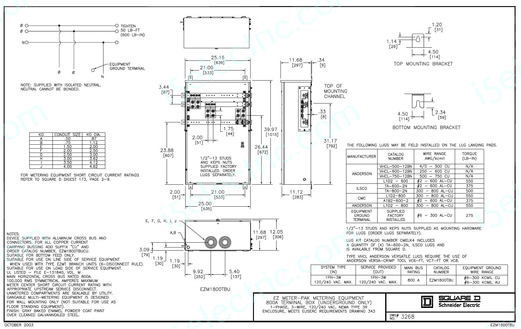 SQUARE D EZM1800TBU 800 AMP SINGLE PHASE EZM METER MAIN LUGS TERMINAL