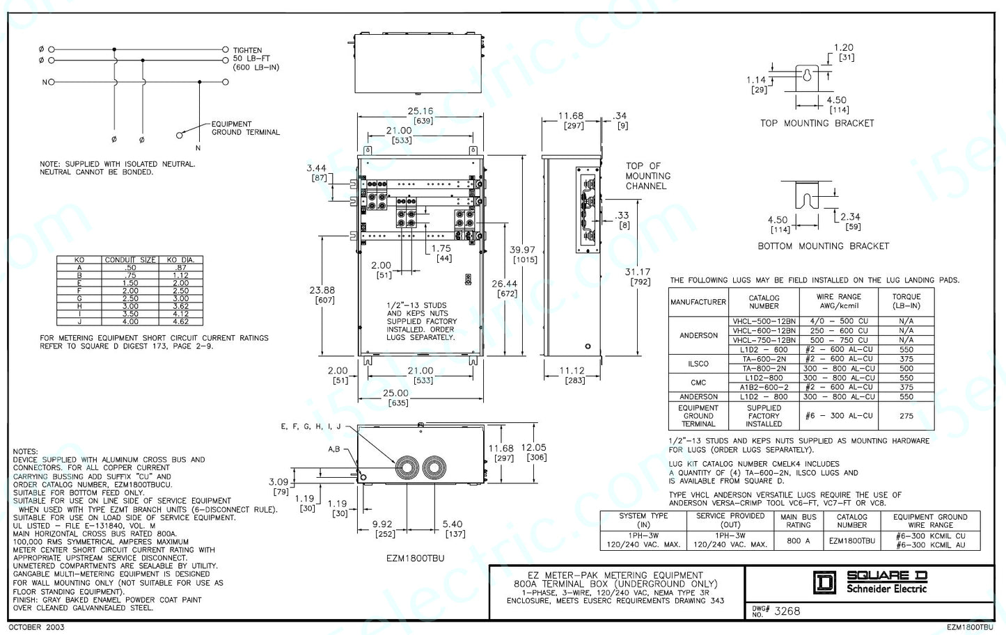 SQUARE D EZM1800TBU 800 AMP SINGLE PHASE EZM METER MAIN LUGS TERMINAL BOX TAP BOX EUSERC