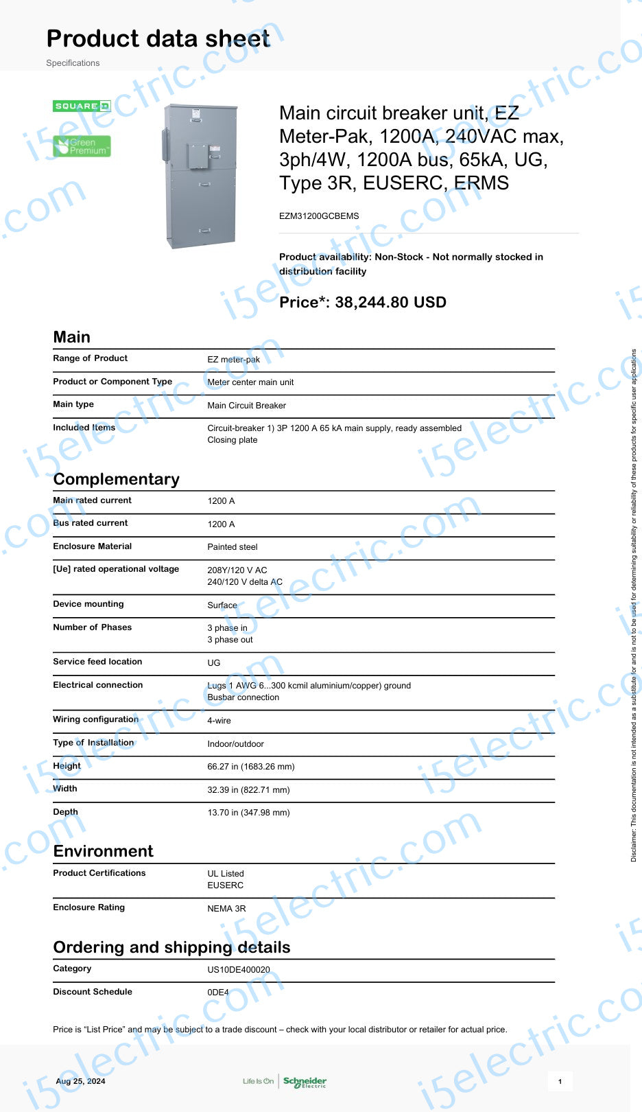 SQUARE D EZM31200GCBEMS 1200 AMP 3 PH 4-WIRE EZM MAIN CIRCUIT BREAKER EUSERC