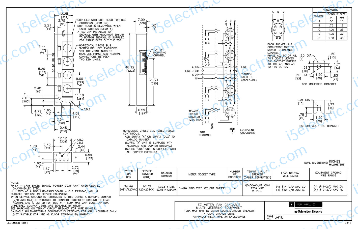 Square D EZM314125X 3 Phase 1200 Amp Bus w/4-Gang 125A Meter Sockets/Positions