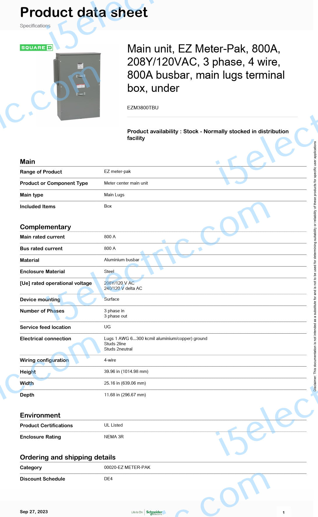 SQUARE D SCHNEIDER EZM3800TBU 800 AMP 3PH EZM METER MAIN LUGS TERMINAL BOX TAPBOX EUSERC