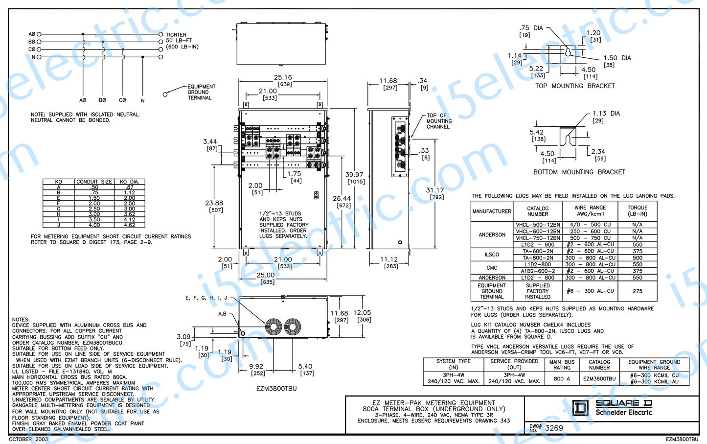 SQUARE D SCHNEIDER EZM3800TBU 800 AMP 3PH EZM METER MAIN LUGS TERMINAL BOX TAPBOX EUSERC