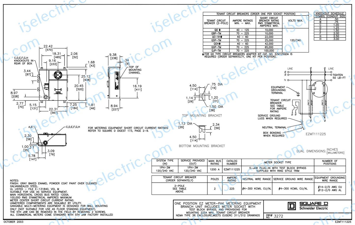 SQUARE D EZMT111225 1 PH 1200A Bus Ringed 225A EZM Meter w/ Test Bypass EUSERC