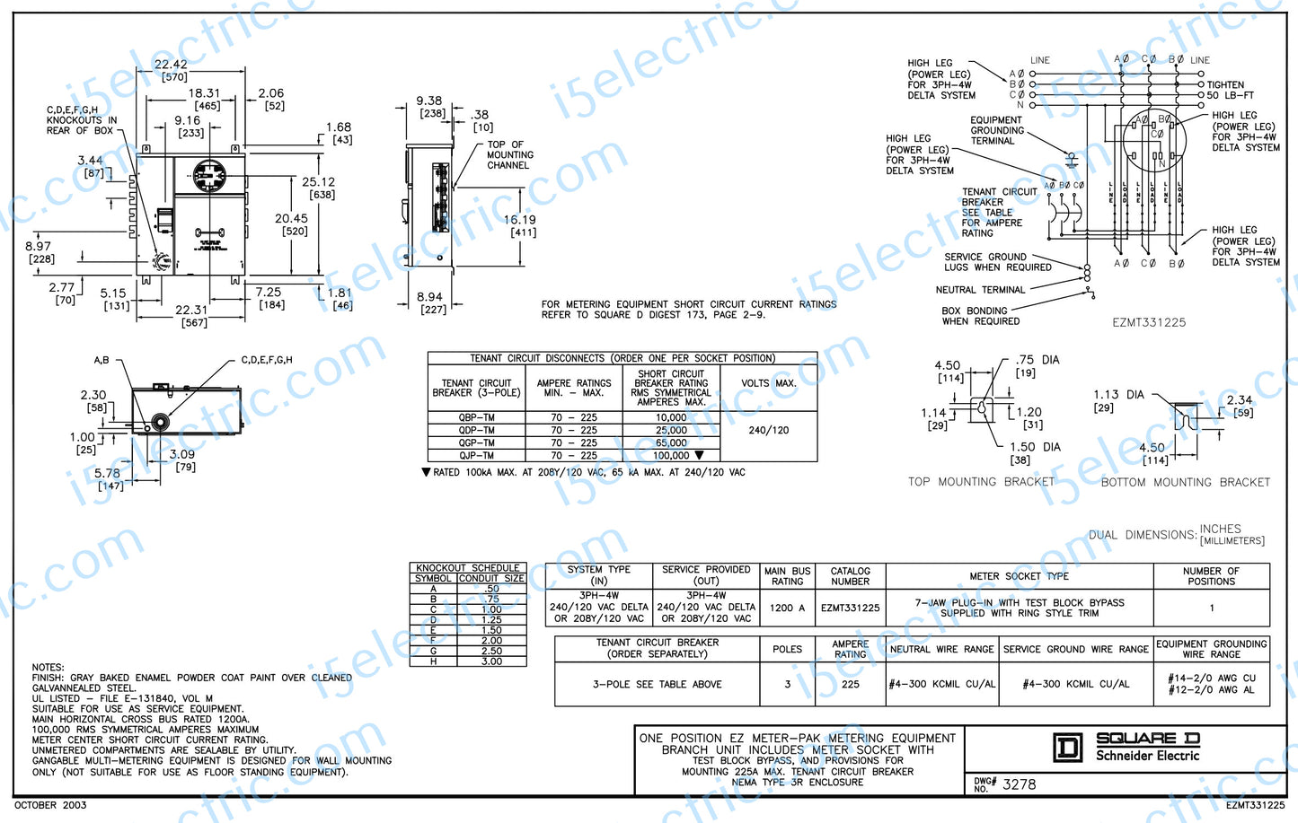 SQUARE D EZMT331225 3 PH In 3PH Out 200A bus 225A EZM Meter w/ Test Block Bypass