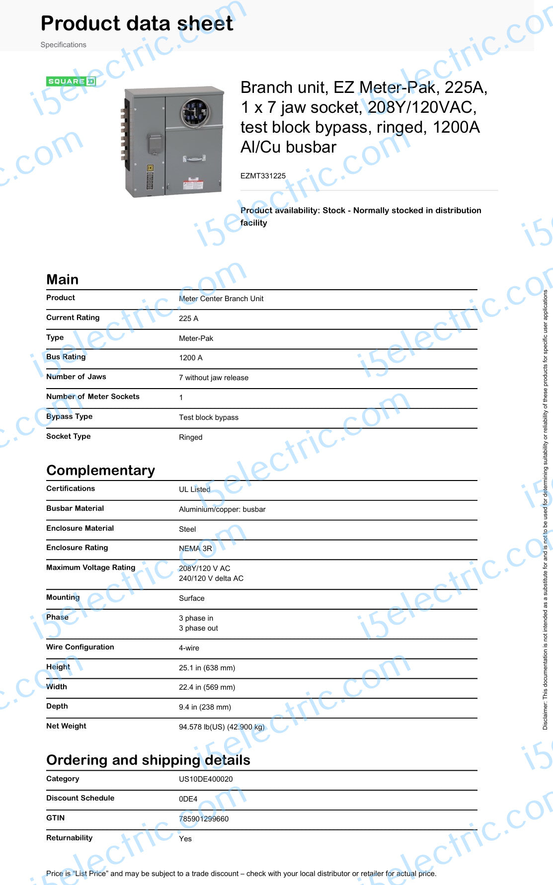 SQUARE D EZMT331225 3 PH In 3PH Out 200A bus 225A EZM Meter w/ Test Block Bypass