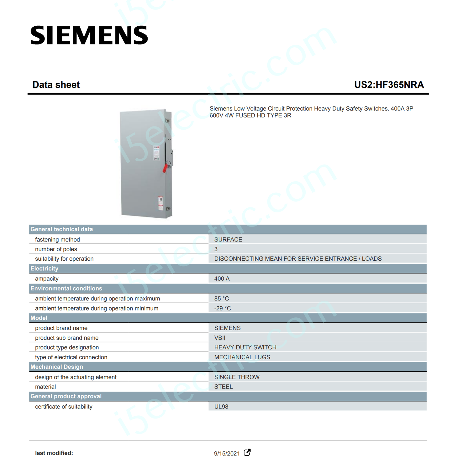 Siemens HF365NRA 400 Amp 600V 3-Pole Fusible Heavy-duty 3R Safety Switch Disconnect