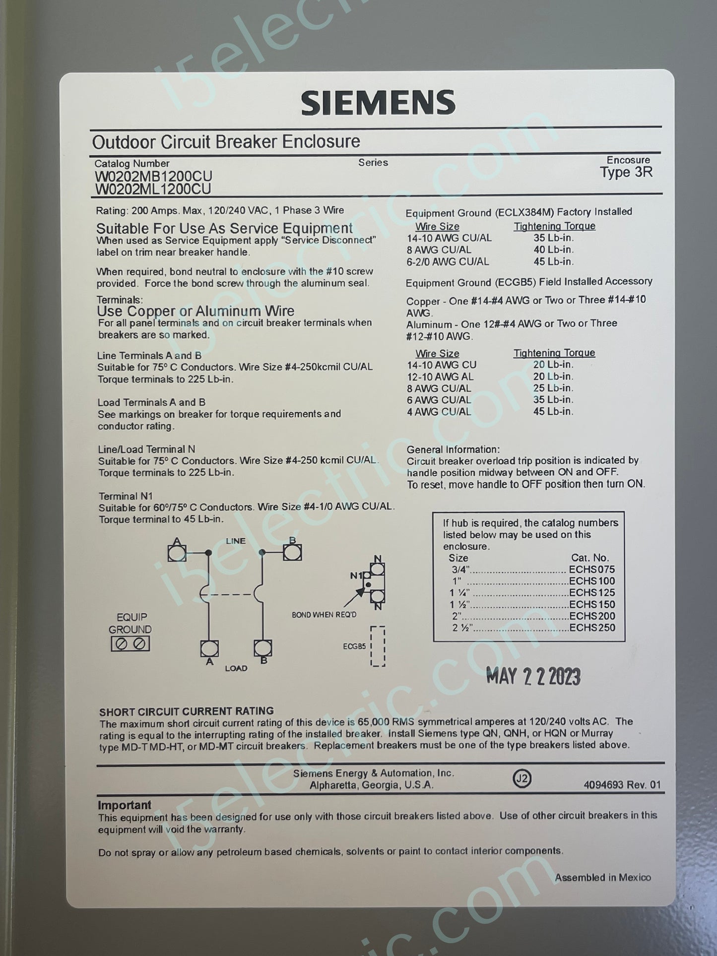 200 Amp Outdoor Main Breaker Panel / Service Disconnect Siemens W0202MB1200CU