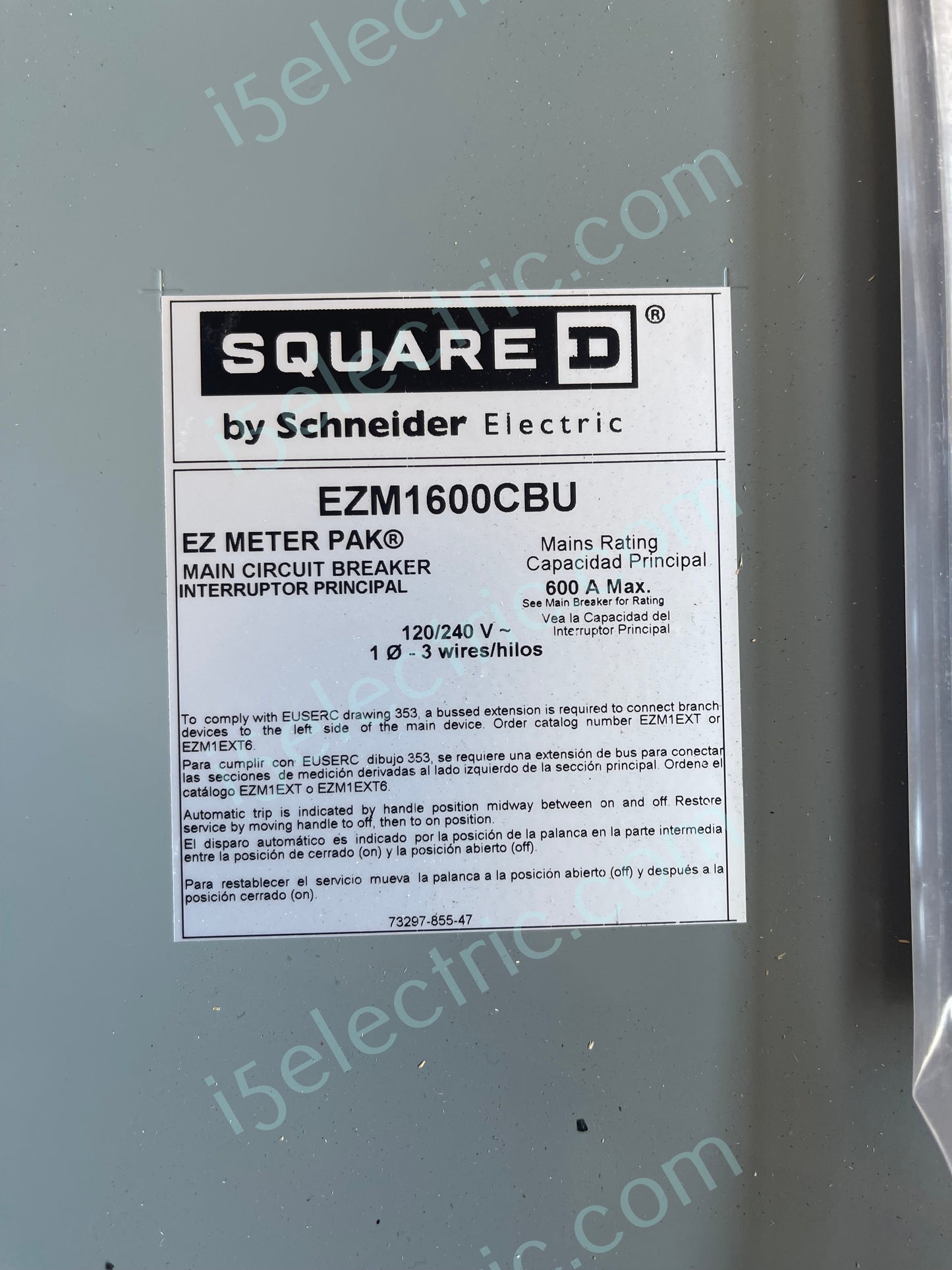 SQUARE D SCHNEIDER EZM1600CBU 600 AMP SINGLE PHASE EZM METER MAIN CIRCUIT BREAKER EUSERC