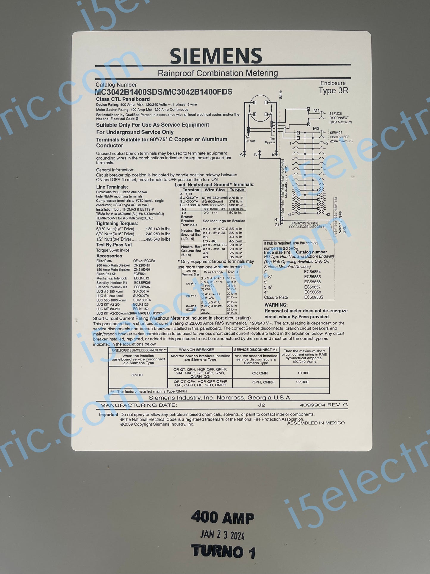 400 / 320 Amp Siemens MC3042B1400SDS Meter Socket Meter Main Load Center Combo EUSERC