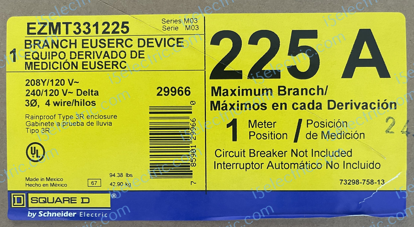 SQUARE D EZMT331225 3 PH In 3PH Out 200A bus 225A EZM Meter w/ Test Block Bypass