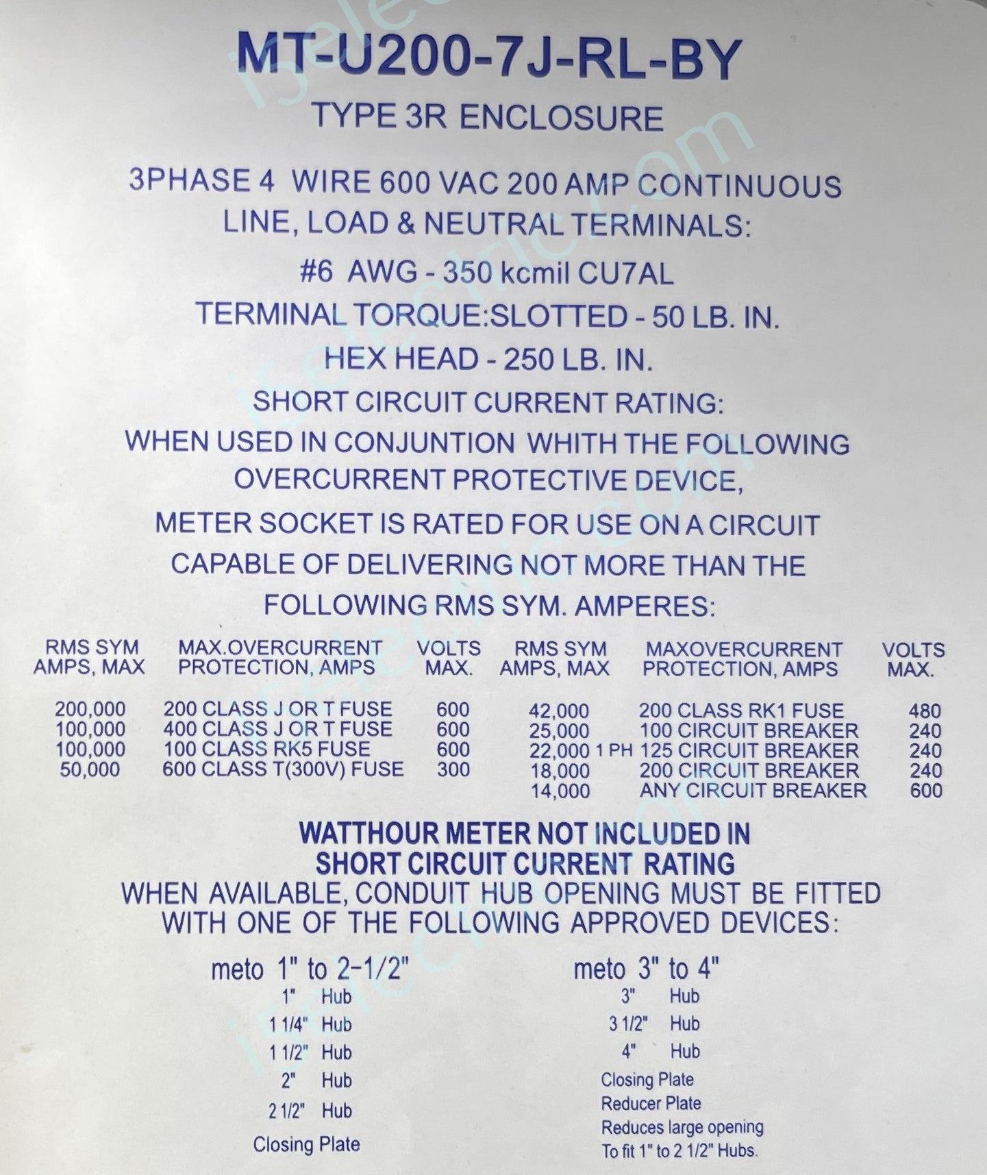 200 Amp Ringless Meter Socket / Base 3 Phase 4 Wire 7 Jaw OH/UG