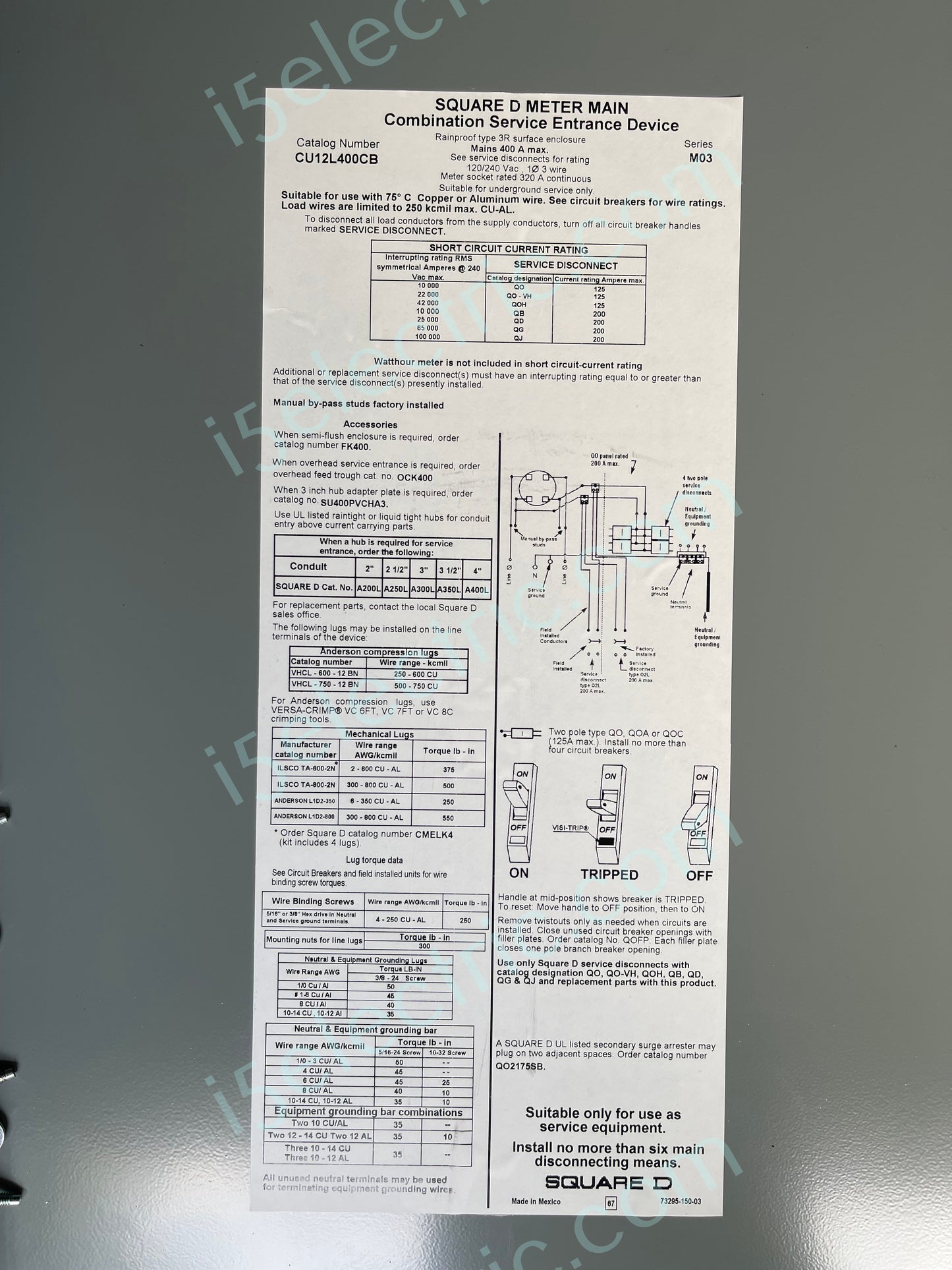 400 / 320 Amp Meter Main Combo Base Socket Square D CU12L400CB 12 Spaces 6 Circuits