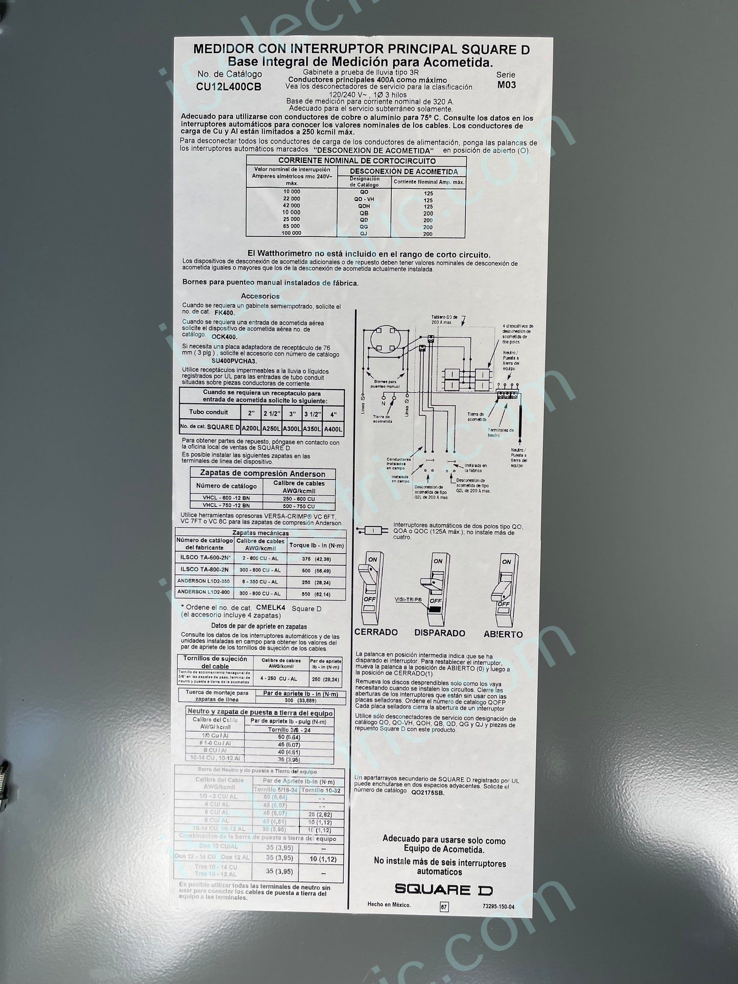 400 / 320 Amp Meter Main Combo Base Socket Square D CU12L400CB 12 Spaces 6 Circuits