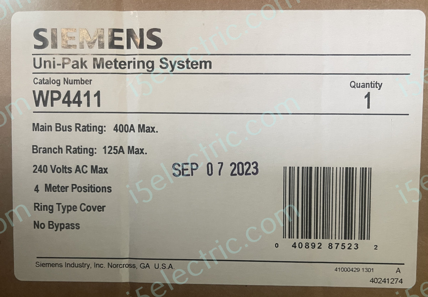 Siemens UNI-PAK WP4411 400A 4-Gang 125A Single Phase Ring Type Meter Pack/Pak