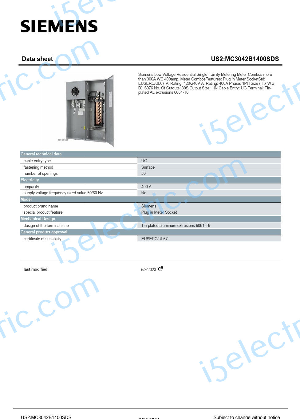 400 / 320 Amp Siemens MC3042B1400SDS Meter Socket Meter Main Load Center Combo EUSERC