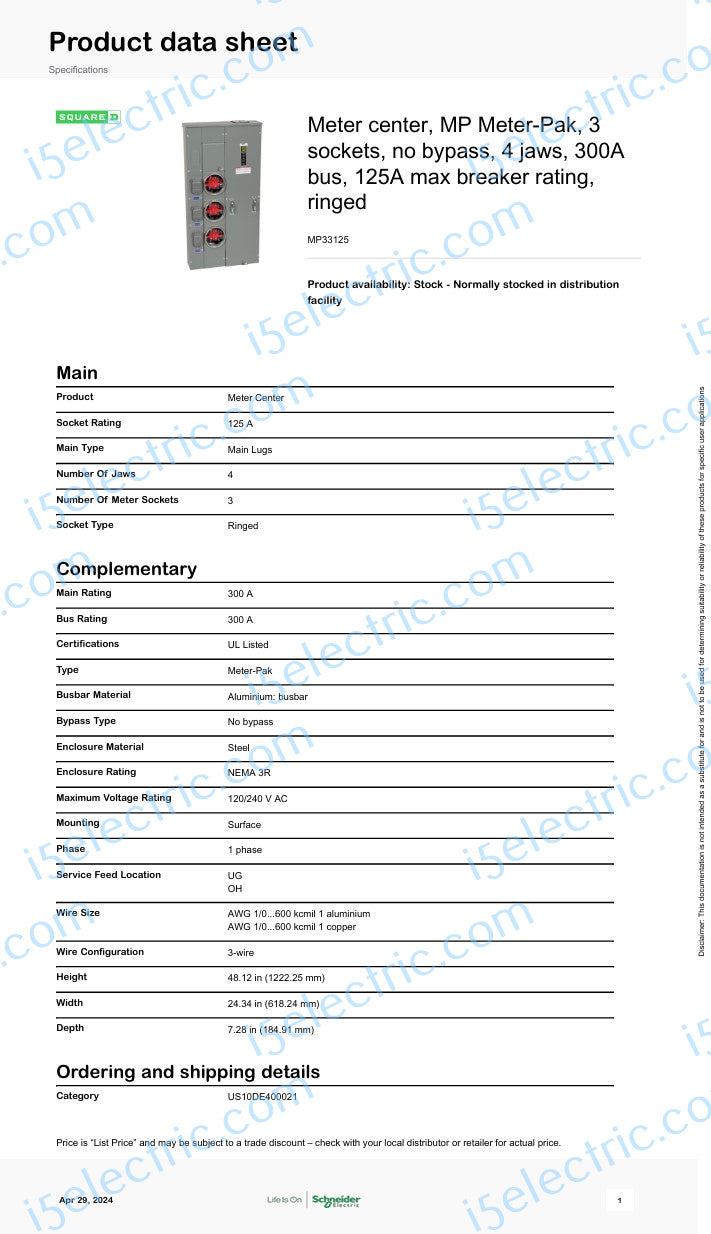 Meter-Pak MP33125 3 gang 125A each 300A bus;  Specs1
