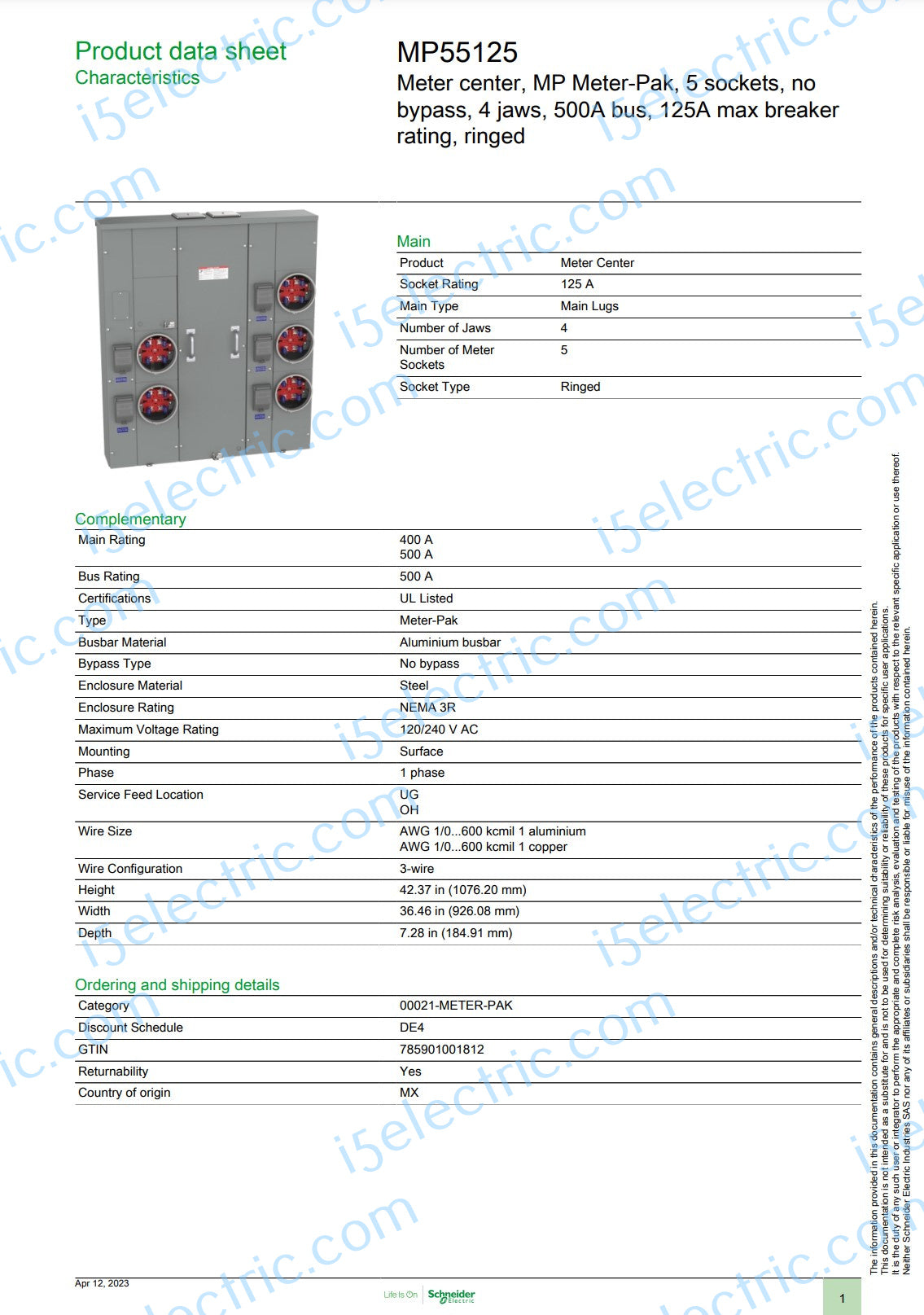 Meter-Pak MP55125 500A 5 Gang 125A Each; Specs1