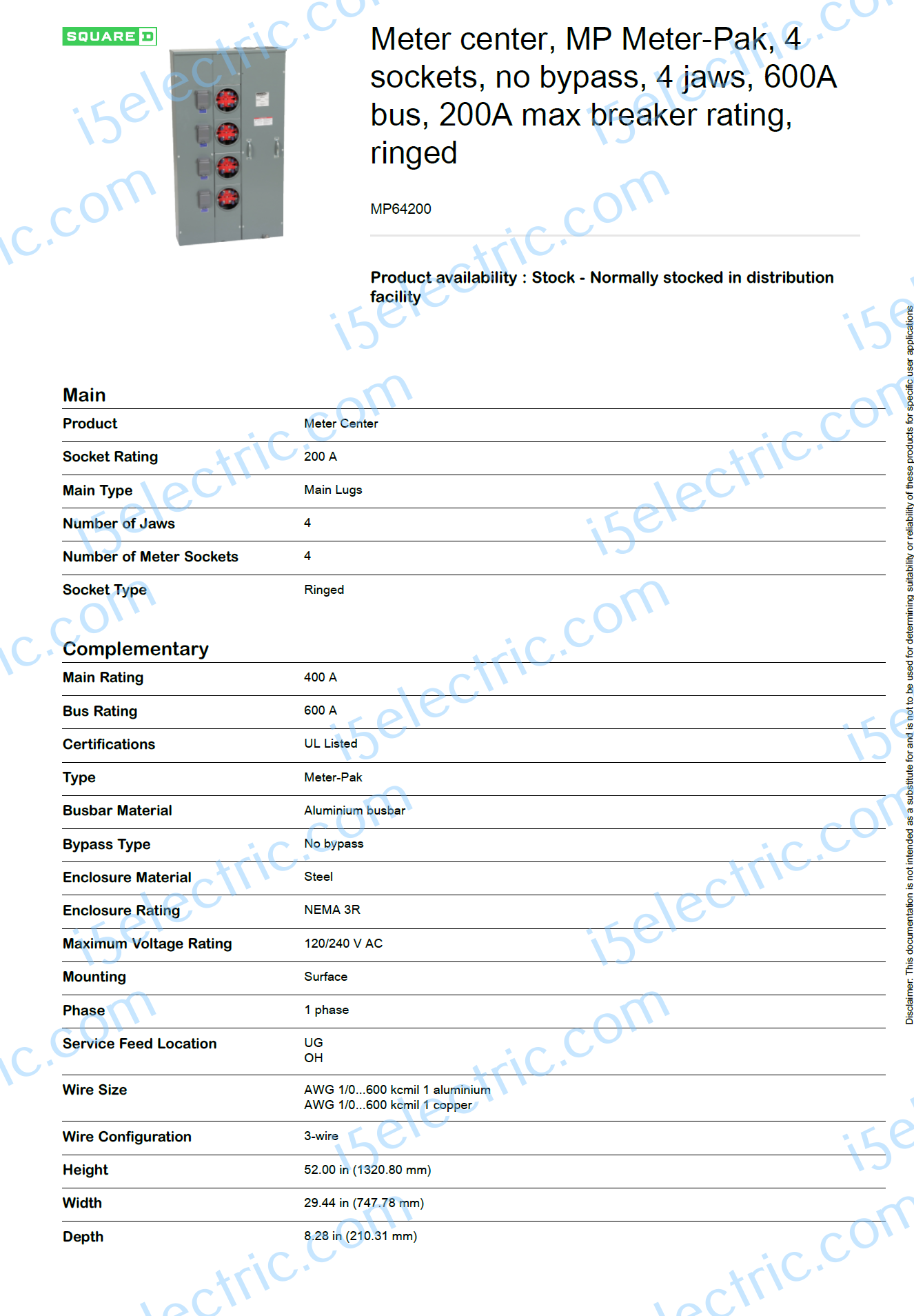 Meter-Pak MP64200 600 Amp 4 Gang 200A Each; Specs1