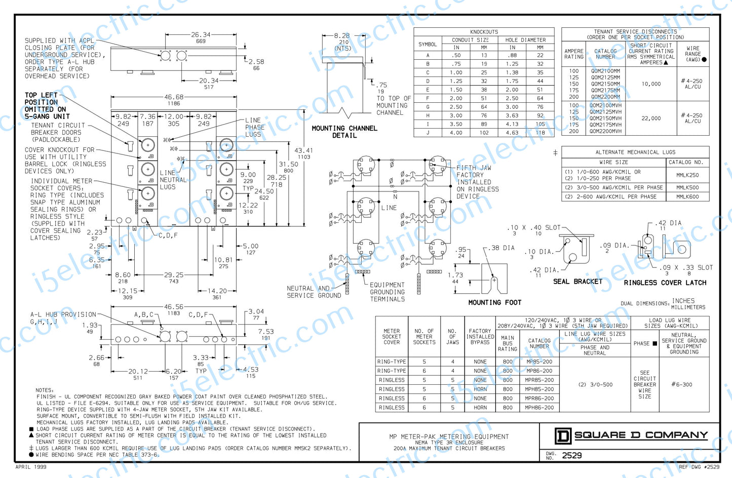 Meter-Pak MP85200 800 Amp Bus 5 Gang 200A Each; Draw