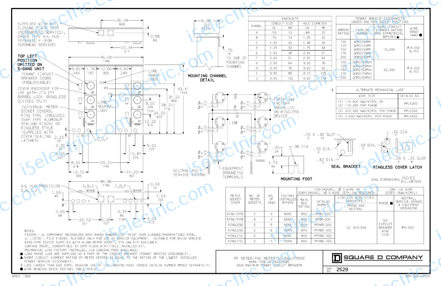 Square D Meter-Pak MP86200 800 Amp 6-Gang 200A Meter Socket OH/UG EUSERC as WEP8612