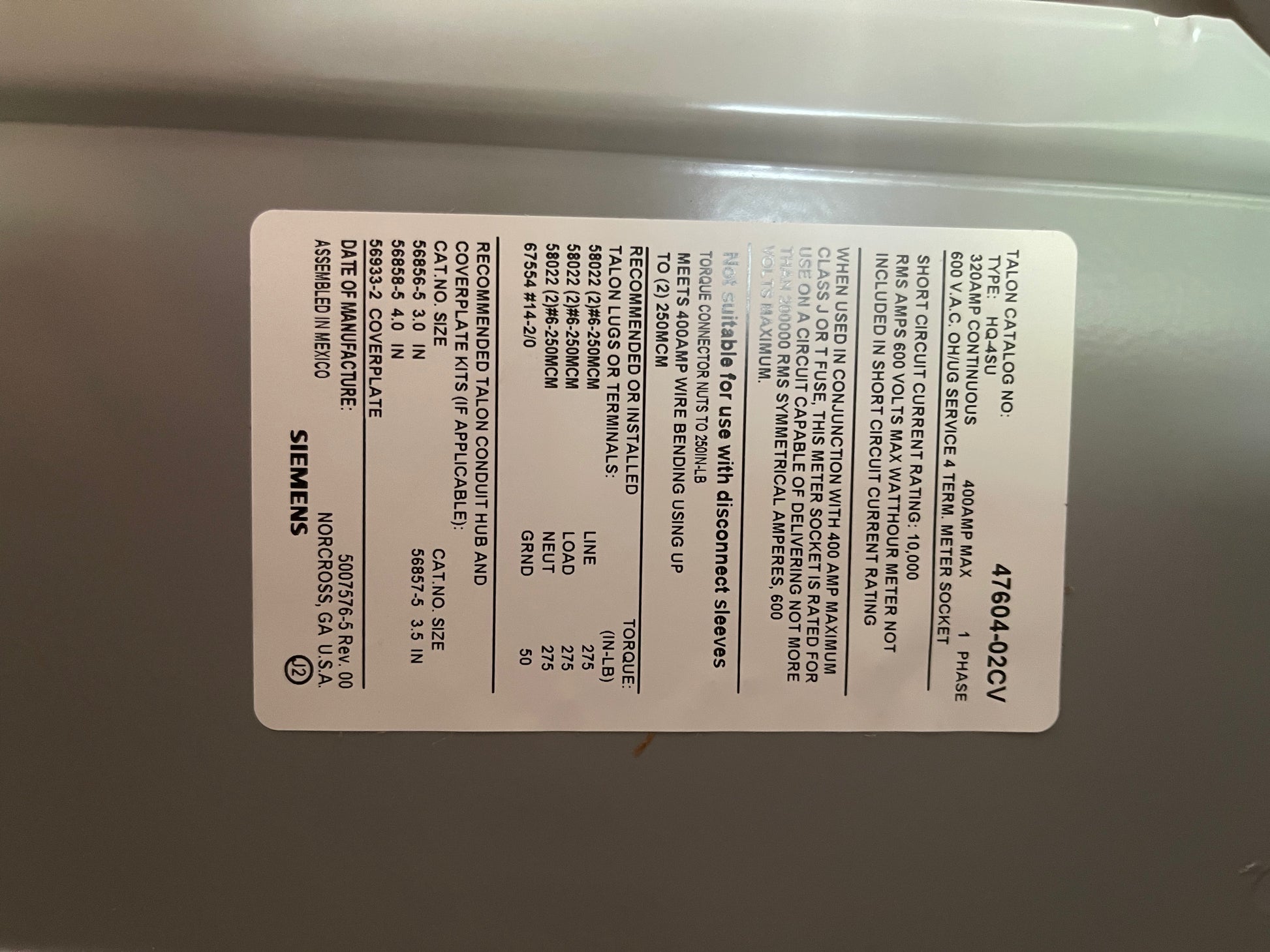 Siemens 400 / 320 Amp Meter Base / Socket Bundled w/ 2 200A Main Break ...