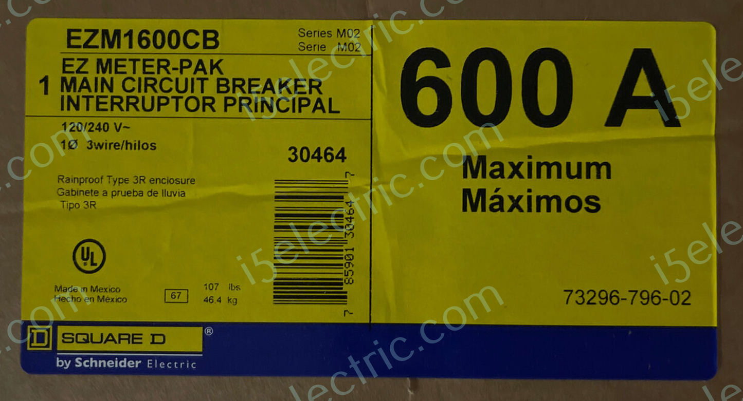 SQUARE D SCHNEIDER EZM1600CB 600 AMP SINGLE PHASE EZM METER MAIN CIRCUIT BREAKER