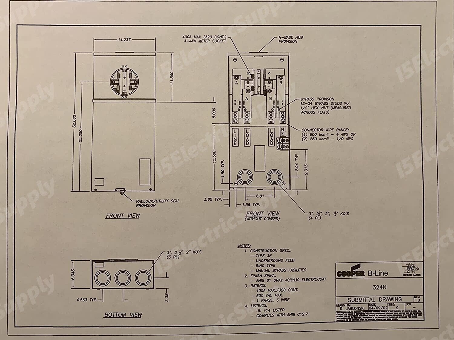 EATON 400 / 320 Amp Meter Base Socket Single Phase 324N UL Listed I5
