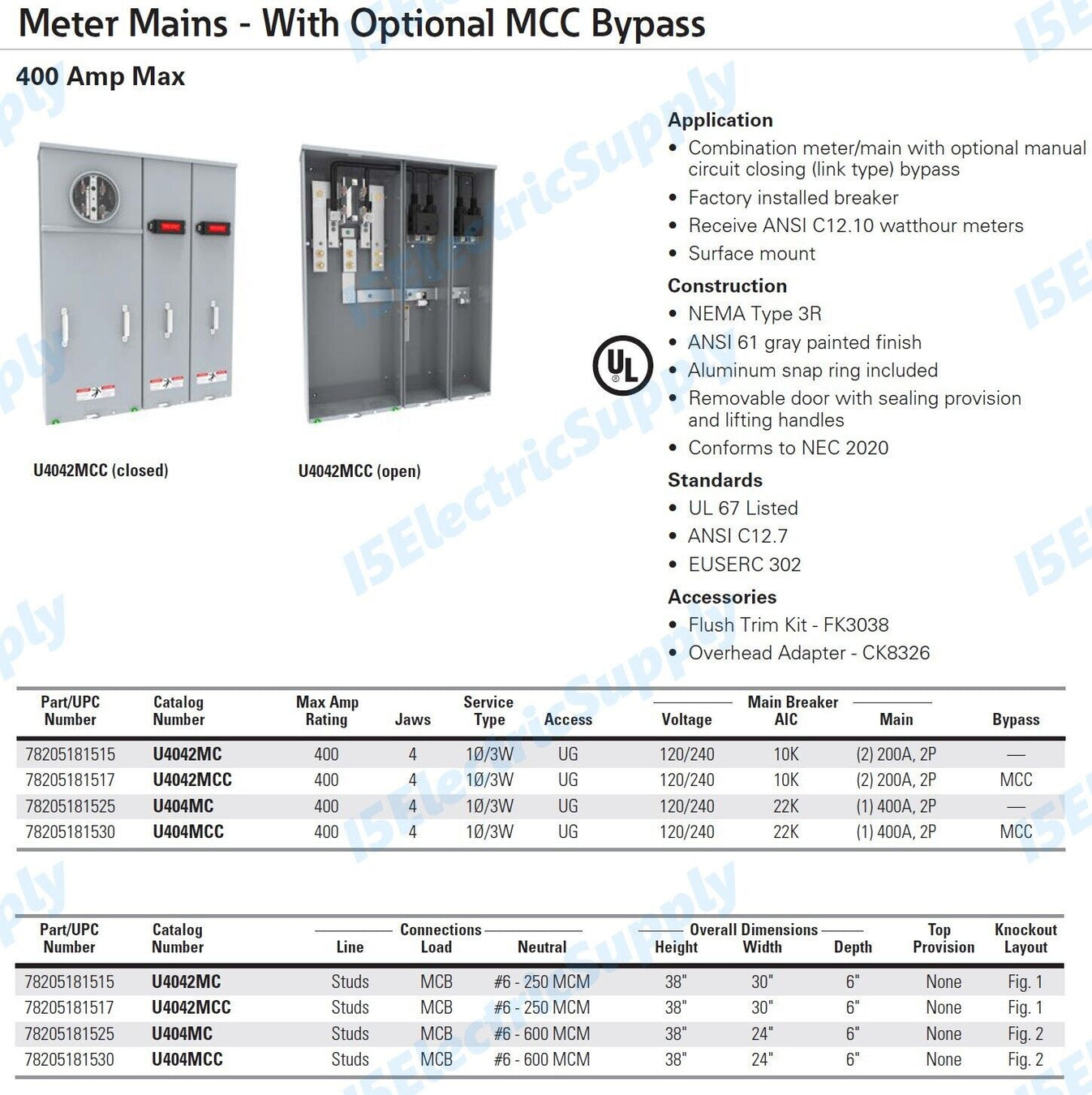 EATON 400 / 320 Amp Meter Combo Base / Socket U4042MCC With 2 200A Mai