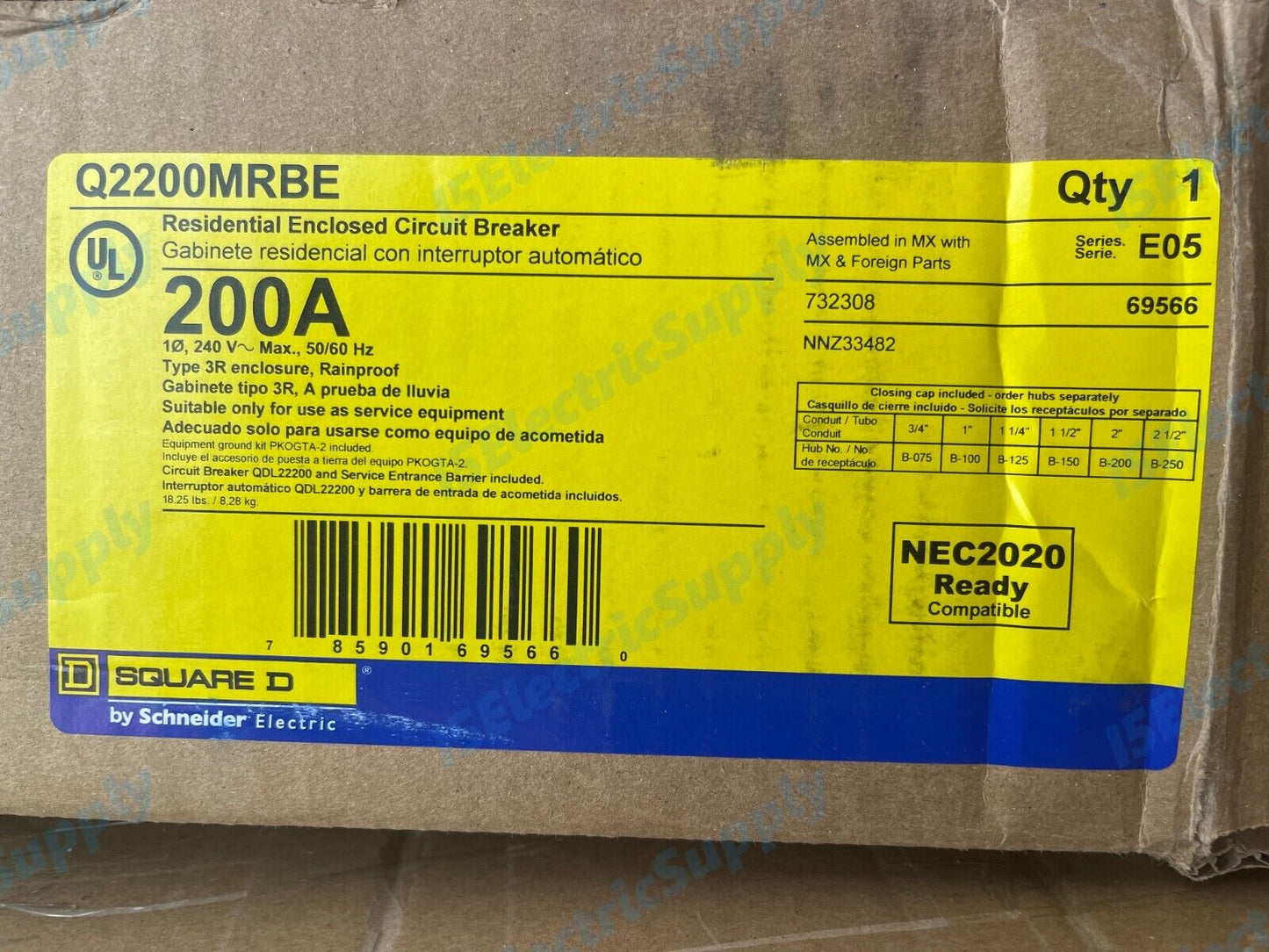 200 Amp Outdoor Main Breaker Panel / Service Disconnect Square D Q2200MRBE